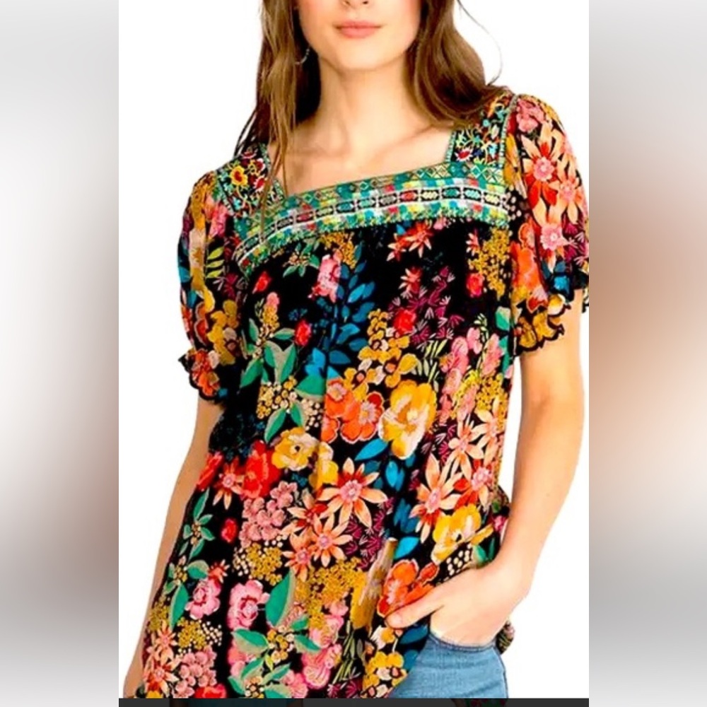 Johnny Was Black Floral Square-Neck Peasant Blouse